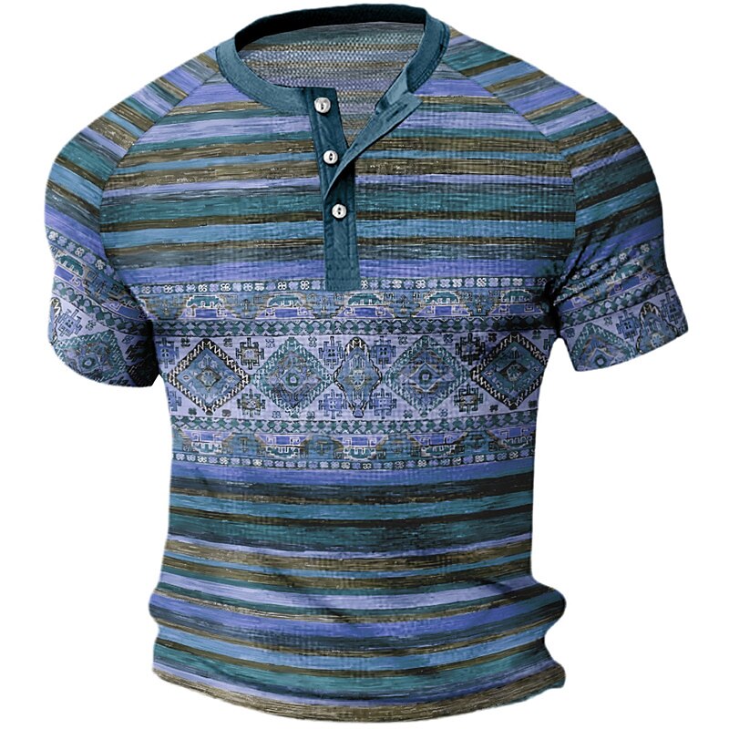 Men's Waffle Casual Outdoor Street Fashion Comfortable Light Striped Short Sleeves Henley Shirt