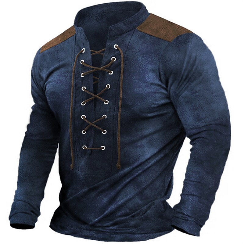 Men's Outdoor Sports Casual Retro Comfort Stand Collar Long Sleeve Henley Shirt