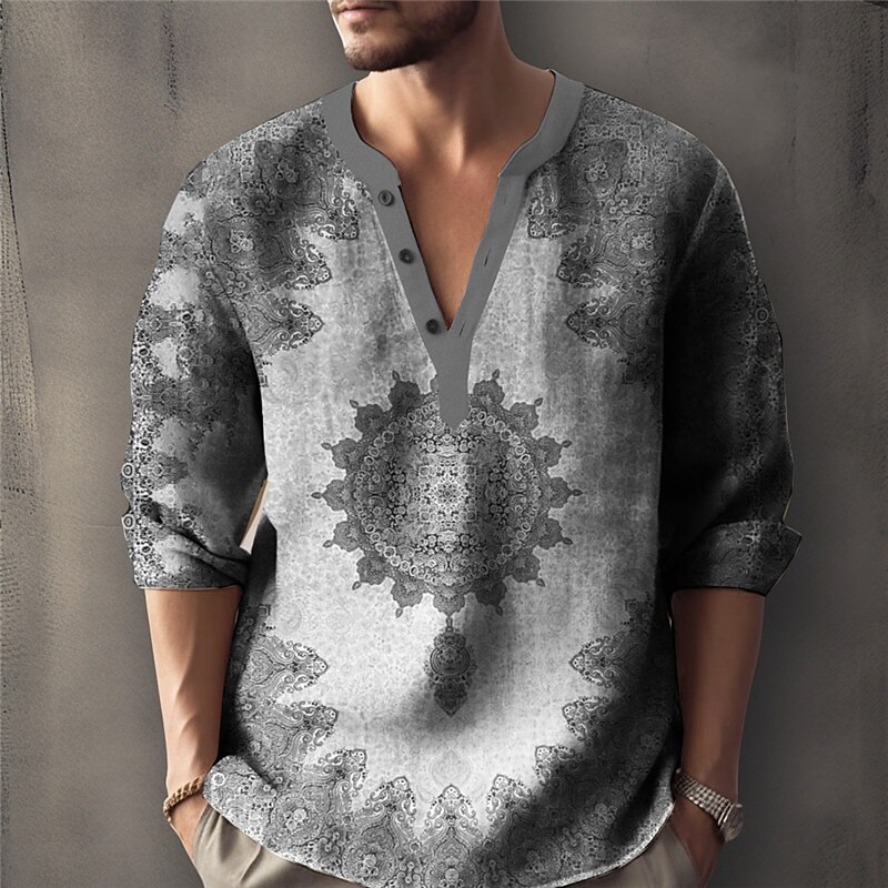 Men's Linen Shirt Graphic Prints Vintage Totem Stand Collar Outdoor Street Long Sleeve Print Clothing Casual Shirt 