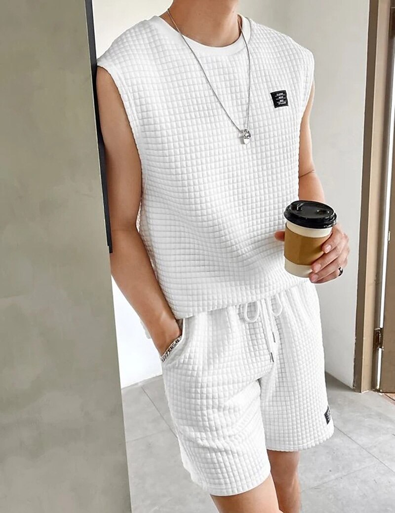 Men's Outdoor Vacation Casual Comfortable Breathable Soft Plain Vest Top Shorts Suit