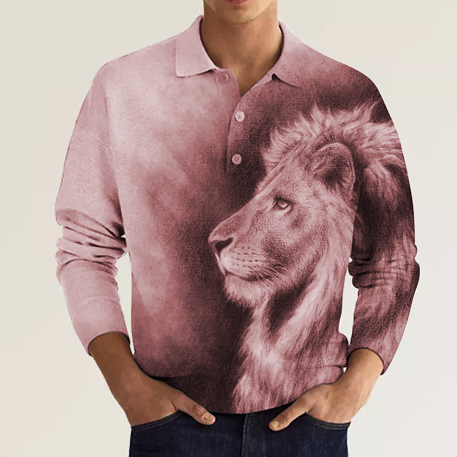 Men's Polo Shirt Casual Golf Button Animal Print Long Sleeve Top