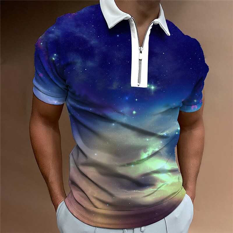 Men's Zip Golf Polo Shirt Galaxy Music Guitar Turndown Outdoor Street Short Sleeves Zipper Top