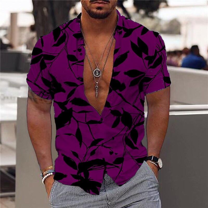 Men's Shirt Graphic Shirt Aloha Shirt Leaves Turndown Blue Purple Red