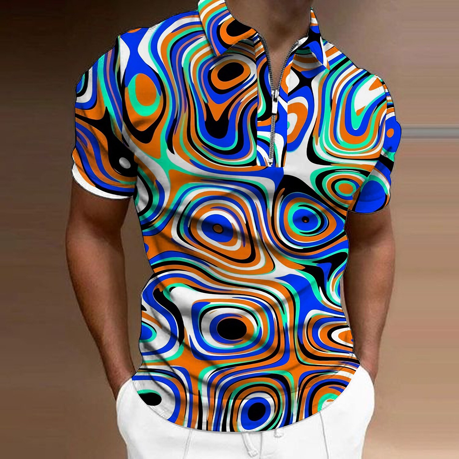 Men's Collar Polo Shirt Golf Shirt Optical Illusion Turndown Sea Blue