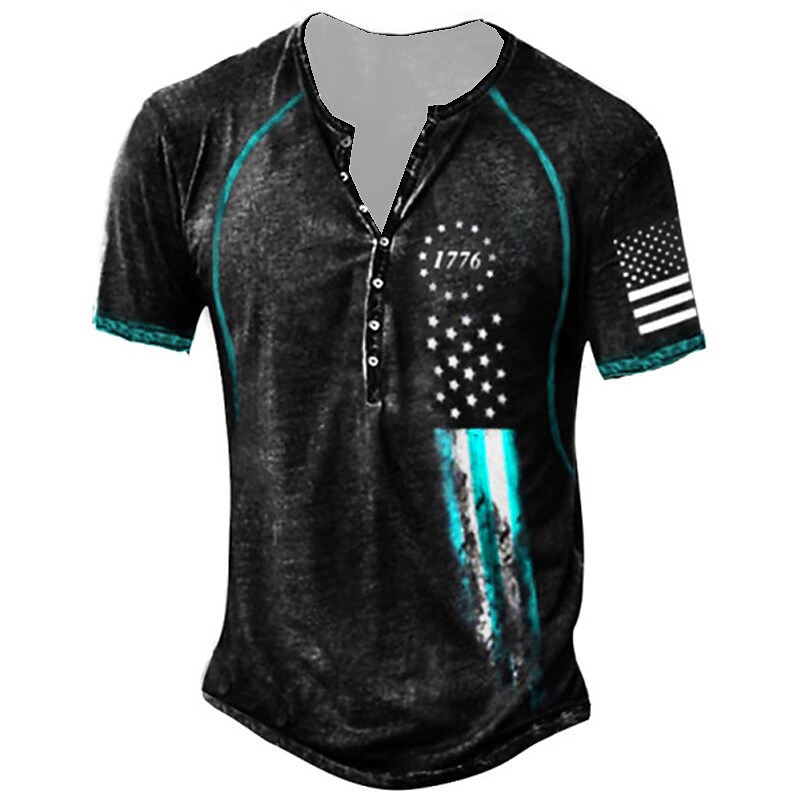 Men's T shirt Henley Shirt Graphic American Flag Henley Outdoor Daily Short Sleeve Button-Down Print Top