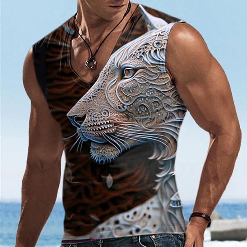 Men's Vest Muscle Sport Sleeveless Animal Print Graphic V-Neck T-Shirt