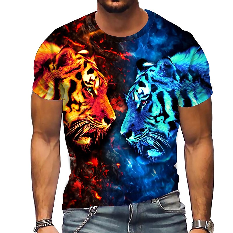 Men's Fitness Muscle Sports Breathable Animal Print Pattern Round Neck T-Shirt
