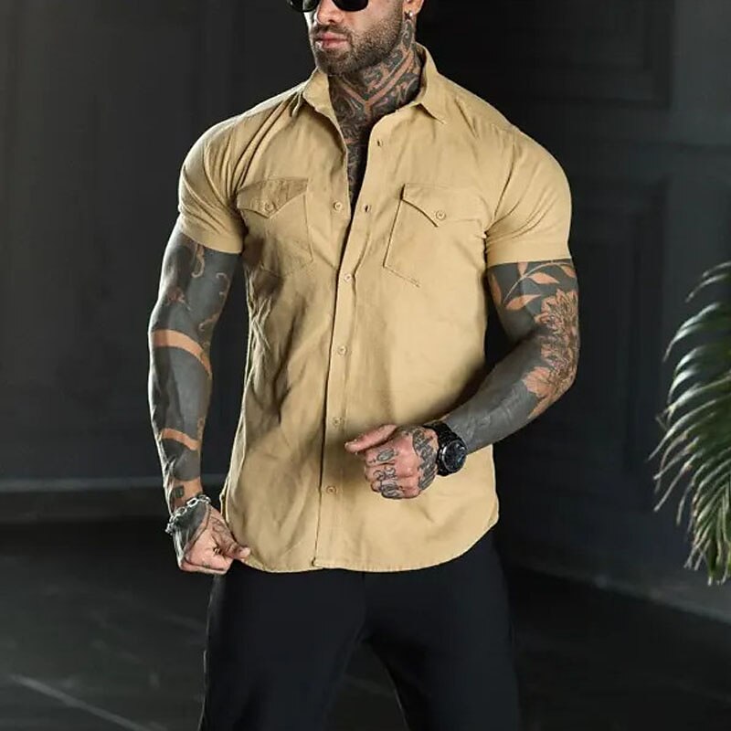 Men's Outdoor Casual Street Vacation Comfortable Breathable Light Plain Front Pocket Short Sleeve Shirt