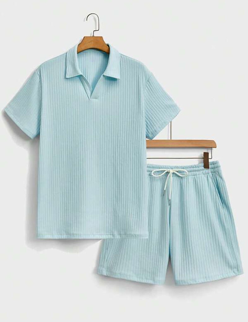 Men's Outdoor Vacation Casual Comfortable Breathable Soft Lapel Plain Polo T-shirt Shorts Suit