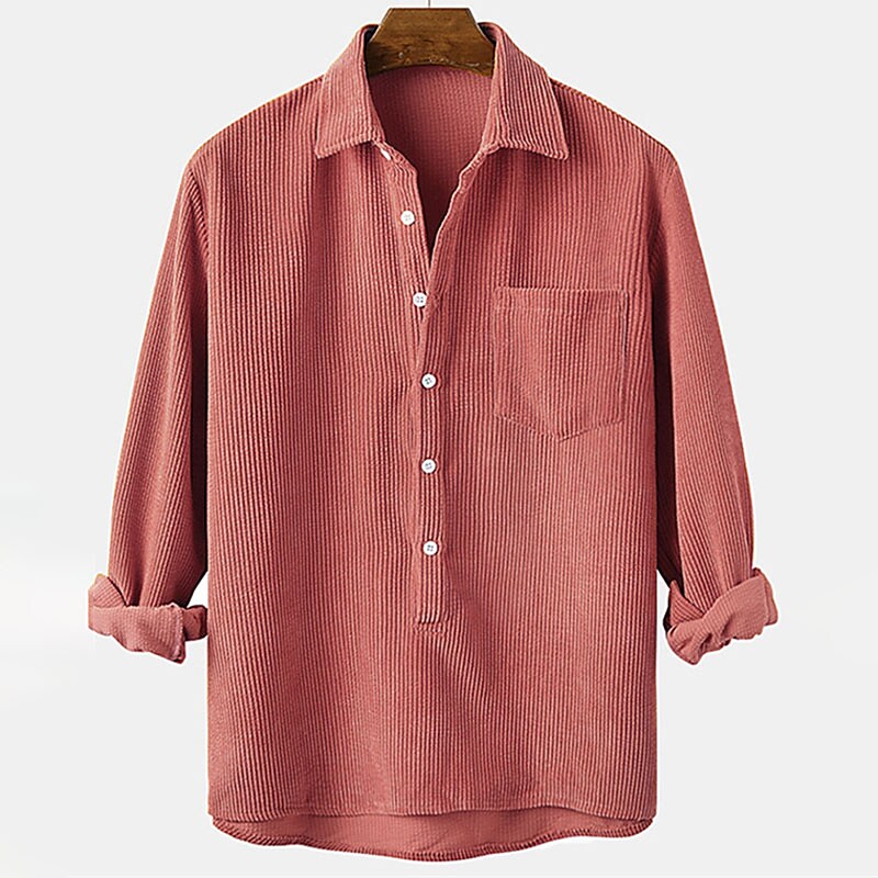 Men's Corduroy Casual Long Sleeve Plain Lapel Outdoor Daily Wear Button Comfort Henley