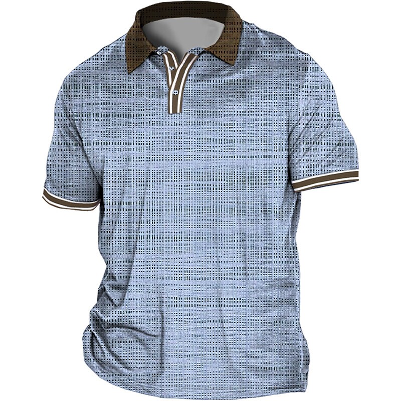 Men's Outdoor Casual Comfortable Button Breathable Lapel Check Print Short Sleeve T-shirt