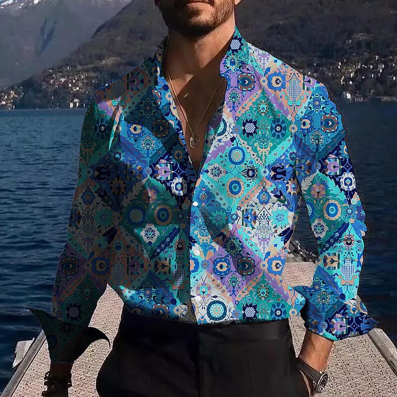 Men's Boho Shirt Color Block Tribal Graphic Prints Vintage Turndown Outdoor Street Long Sleeve Print Fashion Casual Shirt 