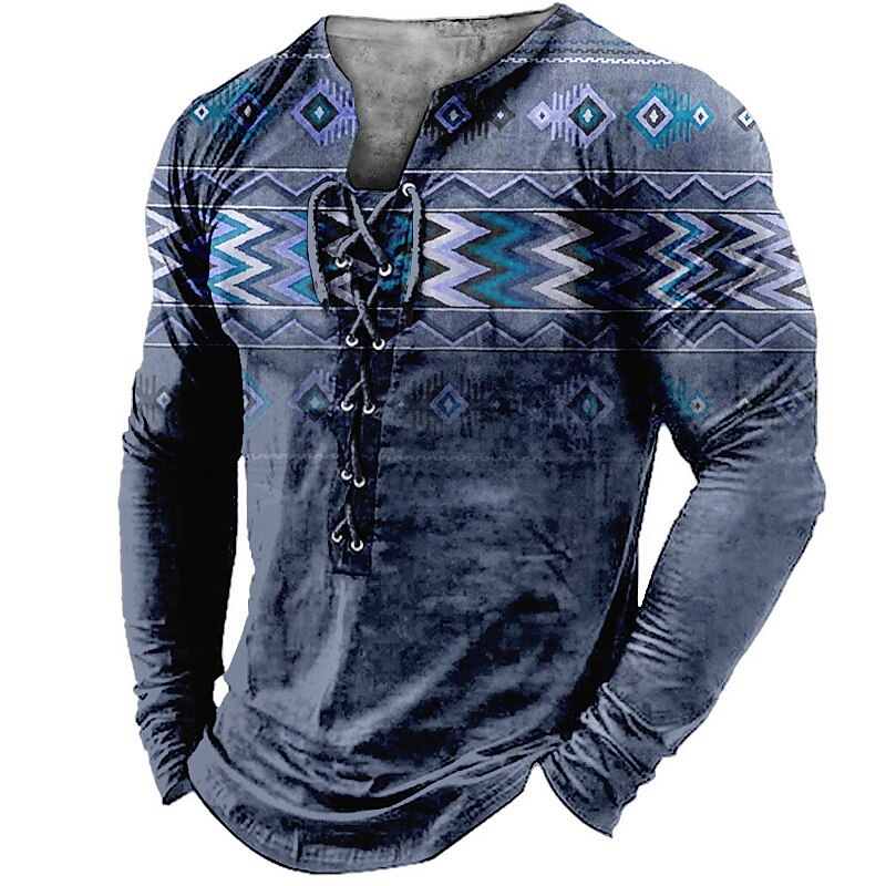 Men's T shirt Graphic Collar Print Outdoor Street Long Sleeve Lace up Print Clothing Boho Top
