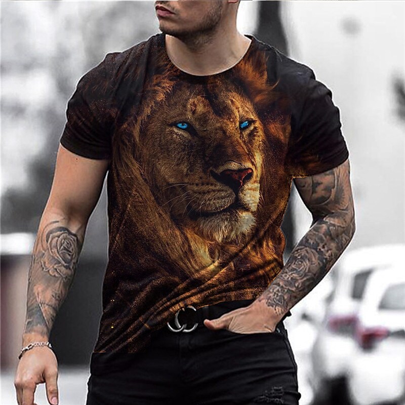 Men's T shirt Graphic Animal Lion Crew Neck 3D Print Outdoor Casual Short Sleeve Print Top