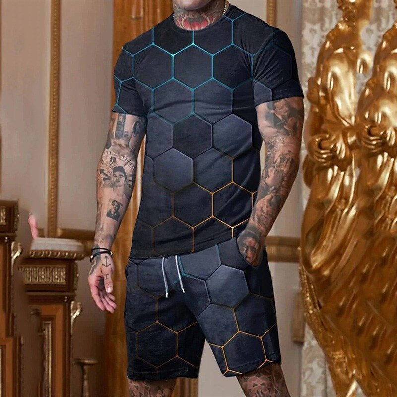 Men's Shorts and T Shirt Set Outfits Graphic Geometric Crew Neck  Outdoor Daily Short Sleeve 3D Print 2 Piece Set