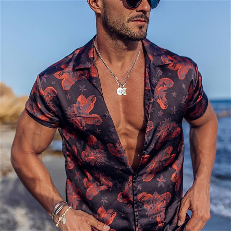 Men's Floral Print Short Sleeve Turndown Tops Beach Outdoor Street But