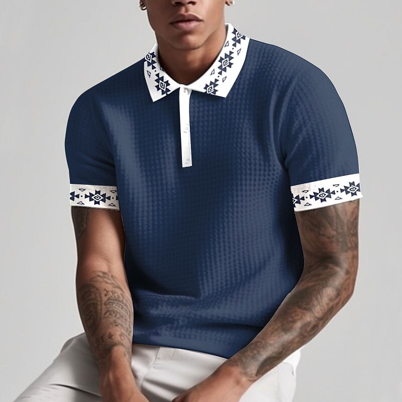 Men's Waffle Shirt Button Up Polos Lapel Polo Shirt Golf Shirt Graphic Prints Geometry Turndown Outdoor Short Sleeve Print Top