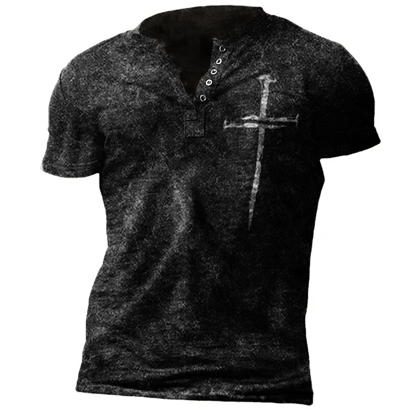 Men's Henley Shirt Graphic Cross 3D Print Outdoor Daily Short Sleeve Button-Down Top
