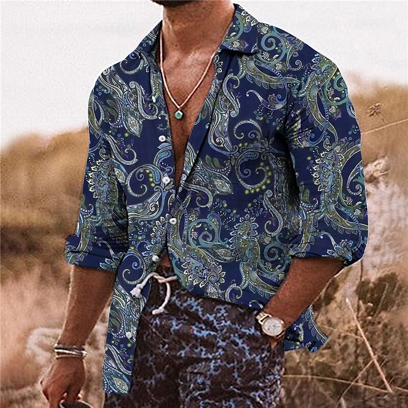 Men's Boho Shirt Floral Graphic Prints Turndown Olive Outdoor Street Long Sleeve Button-Down Print Shirt 