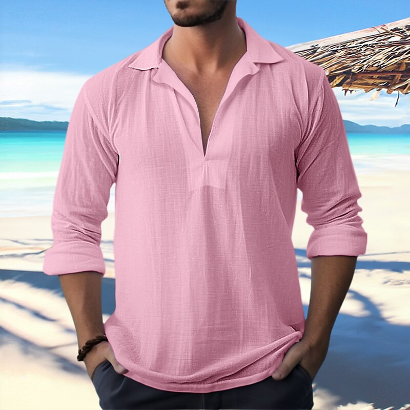 Men's Linen Casual Beach Shirt Long Sleeve Plain Turndown Casual Daily Shirt