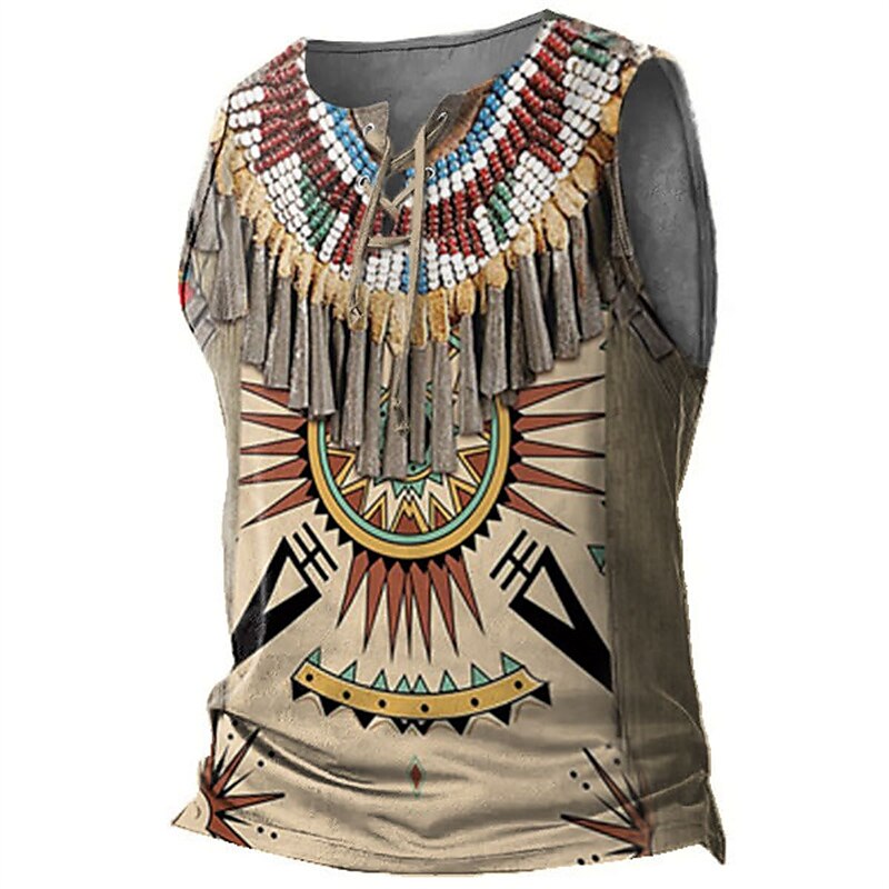 Men's Vest Top Sleeveless T Shirt for Men Graphic Tribal V Neck   Print Daily Sports Sleeveless Lace up Print Designer Ethnic Top