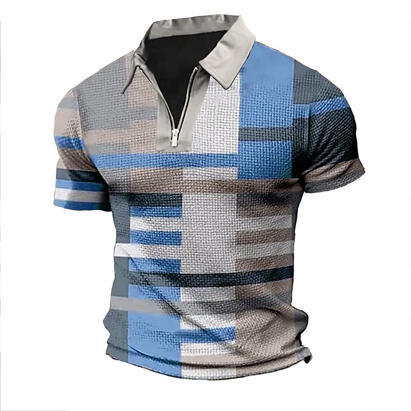 Men's Polo Golf Shirt Plaid Striped Graphic Prints Geometry Turndown Outdoor Street Short Sleeves Zipper Top