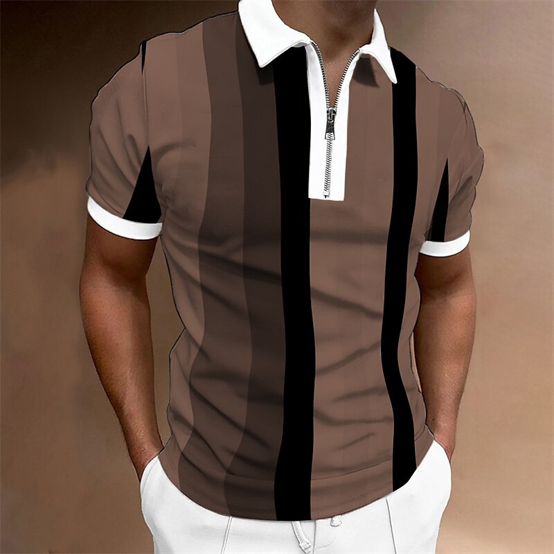 Men's Outdoor Street Fashion Casual Breathable Comfortable Soft Stripes Zipped Short Sleeves Polo Shirt
