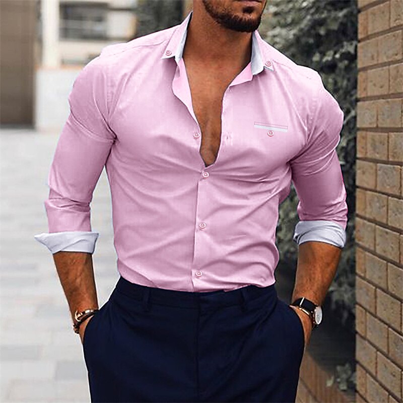 Men's Dress Shirt White Pink Navy Blue Long Sleeve Plain Turndown Spring &  Fall Wedding Going out Clothing Apparel Top