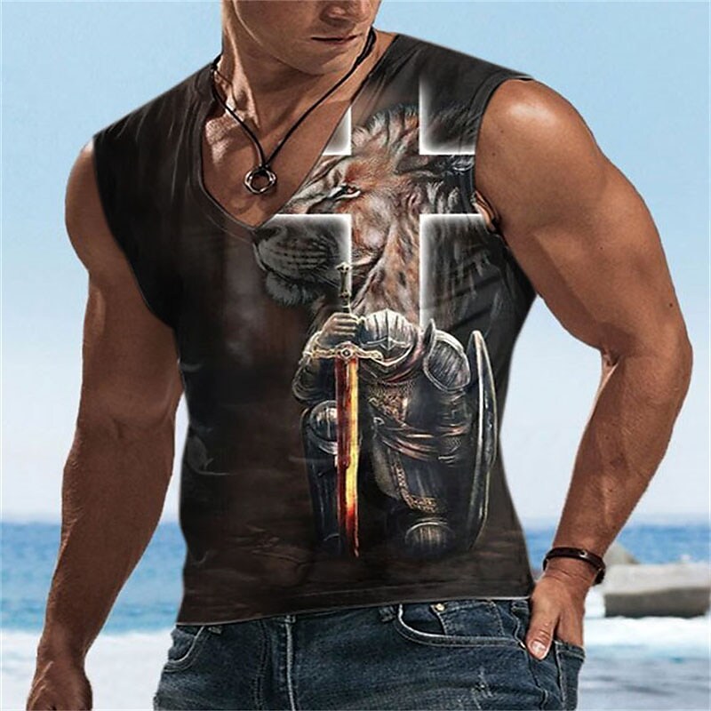 Men's Tank Top Sleeveless Lion Templar Cross Graphic Prints Soldier V Neck Print Daily Sports Sleeveless Print Top