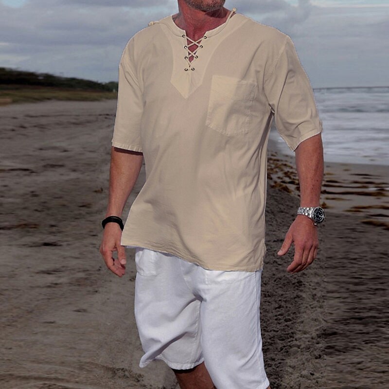 Men's Outdoor Beach Casual Vacation Breathable Quick Dry Lightweight Solid Color V-neck Short Sleeve Henley Shirt