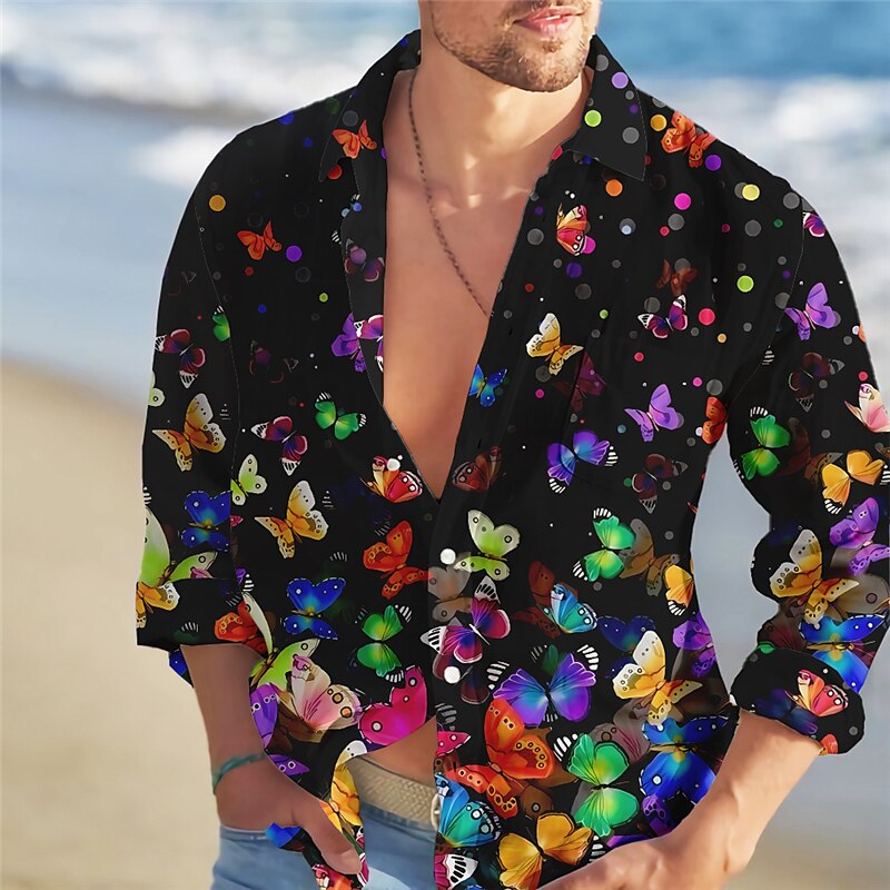 Men's Shirt Summer Hawaiian Shirt Butterfly Graphic Prints Turndown  Outdoor Street Long Sleeve Button-Down Print Casual Shirt 