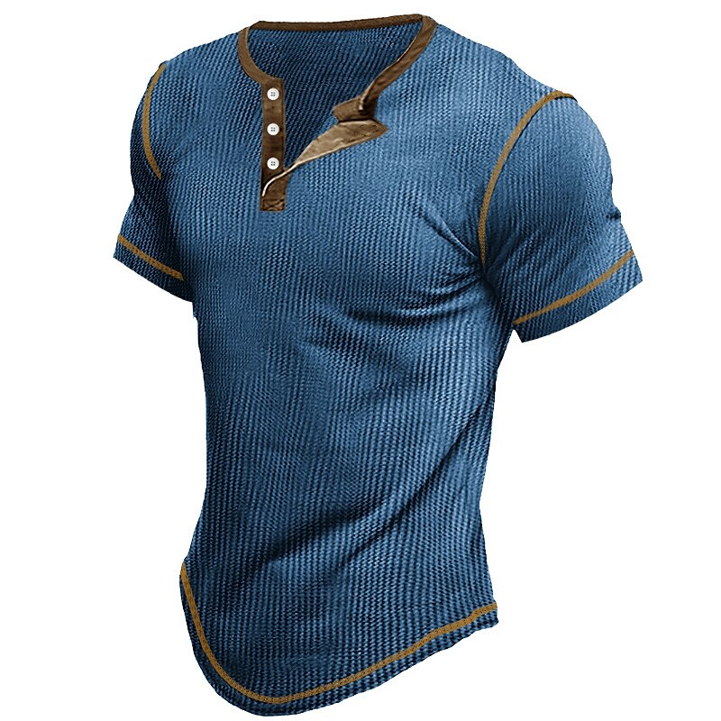Men's Outdoor Street Fashion Casual Breathable Comfortable Light Plain Short Sleeve Waffle Henley Shirt