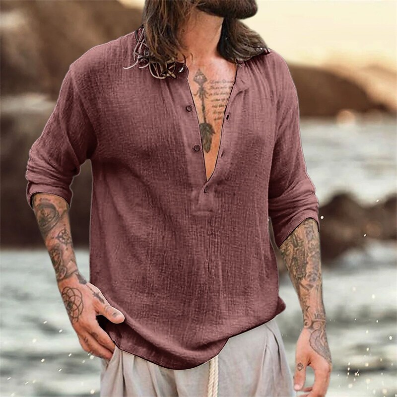 Men's Linen Shirt Summer Shirt Beach Shirt Henley Spring &  Fall Long Sleeve Black White Wine Plain Street Holiday Top