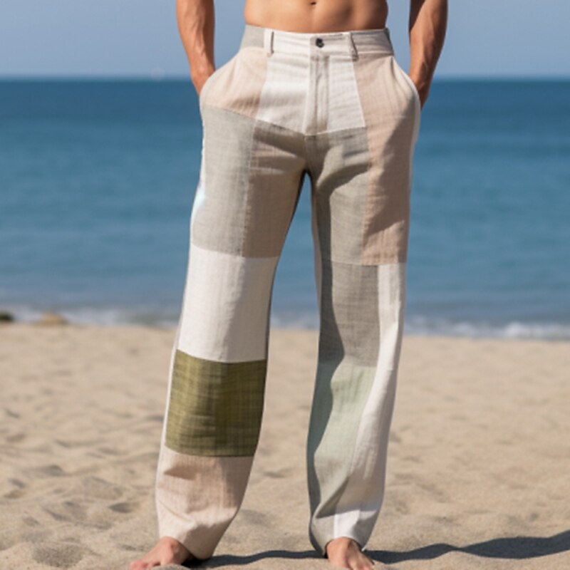 Men's Beach Pocket Straight Leg Color Block Patchwork Comfort Breathable Fashion Casual Trousers 