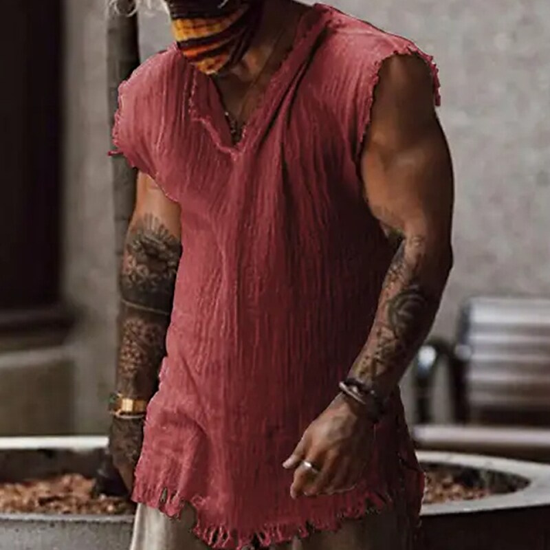 Men's Linen Shirt Summer Shirt Beach Shirt V Neck Summer Sleeveless Plain Holiday Vacation Top