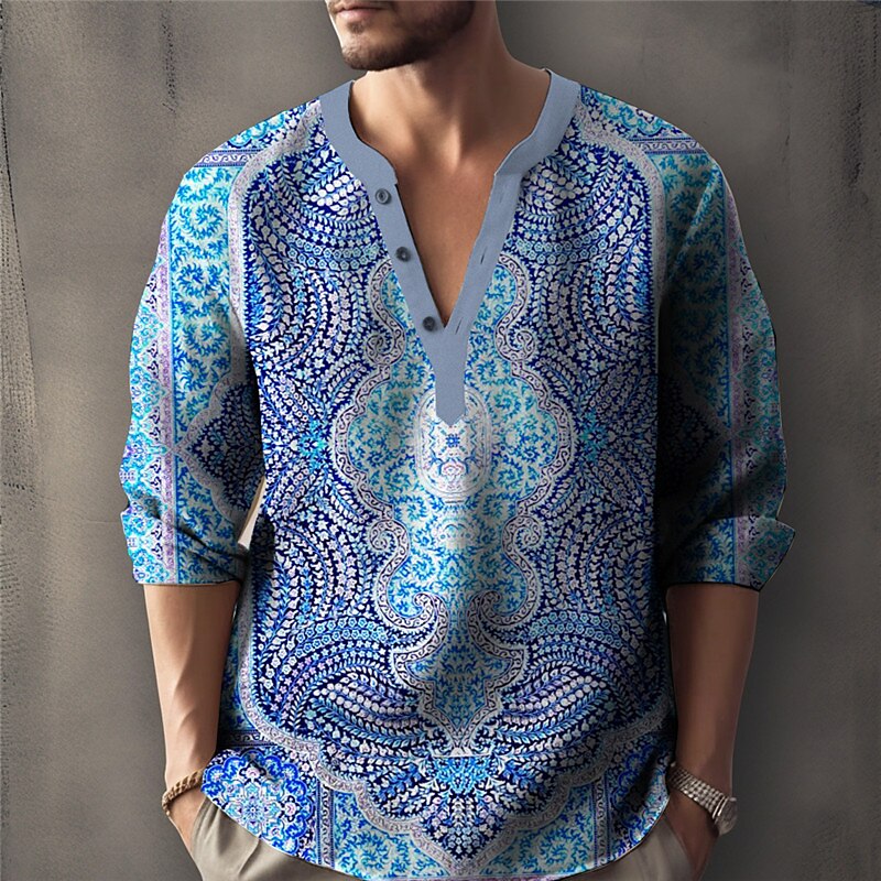 Men's Linen Shirt Graphic Prints Vintage Totem Stand Collar  Outdoor Street Long Sleeve Print Linen Casual Shirt 