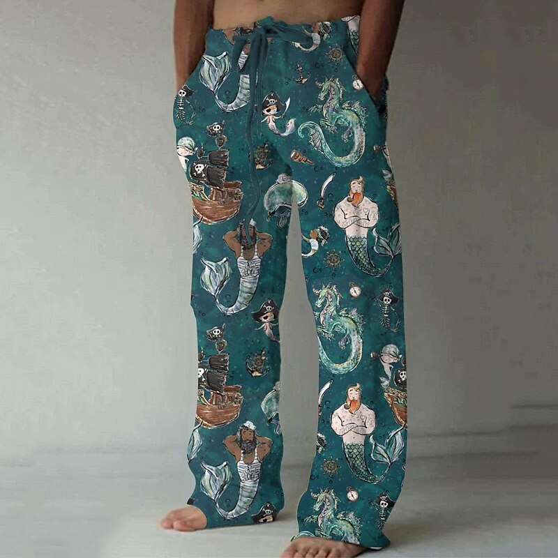 Men's Beach Pants Drawstring Elastic Waist Straight Leg Cartoon Graphic Prints Comfort Casual Daily Holiday Cotton Blend Trousers 