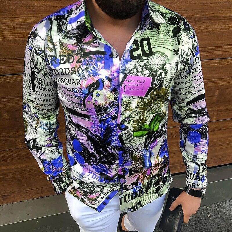 Men's Graphic Shirt Floral Letter Bird Classic Collar Street Casual Long Sleeve Print Fashion Cool Shirt 