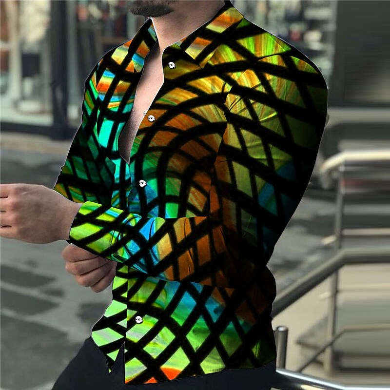 Men's Shirt Graphic Shirt Color Block Optical Illusion Turndown Green
