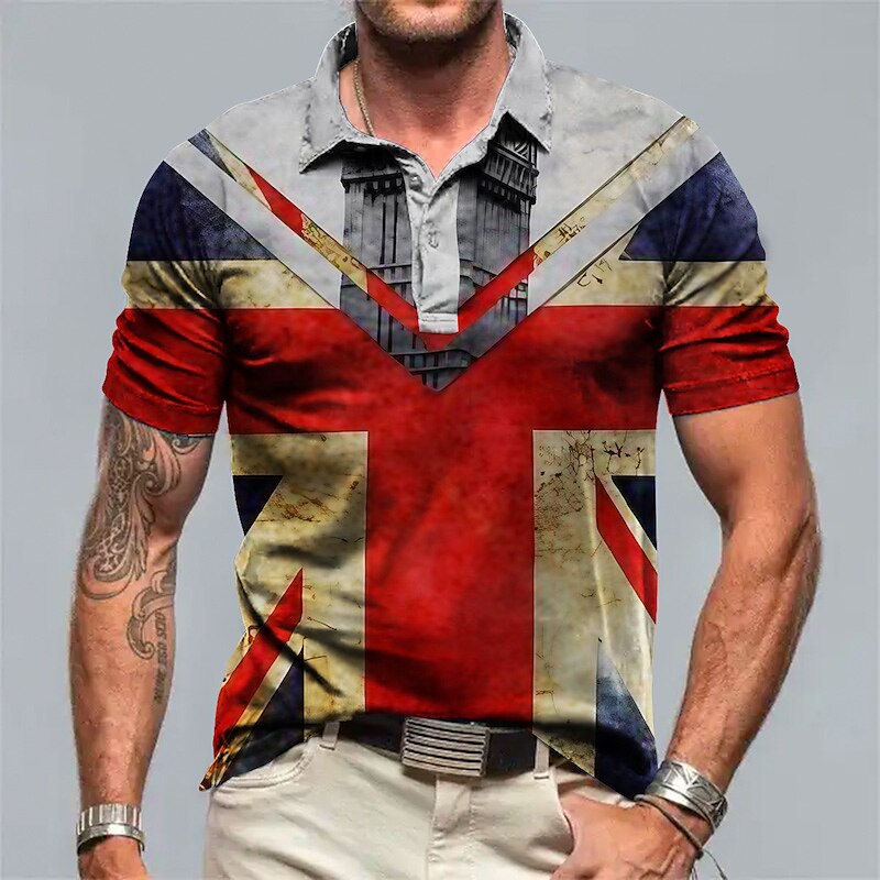 Men's Button Up Lapel Polo Golf Shirt Graphic Prints Flame American Flag Turndown Outdoor Street Short Sleeves Print  Polo Shirt