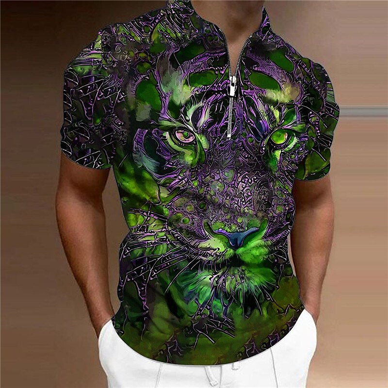 Men's Polo Shirt Casual Outdoor Street Golf Animal Print Zipper Stand Collar Top Short Sleeve