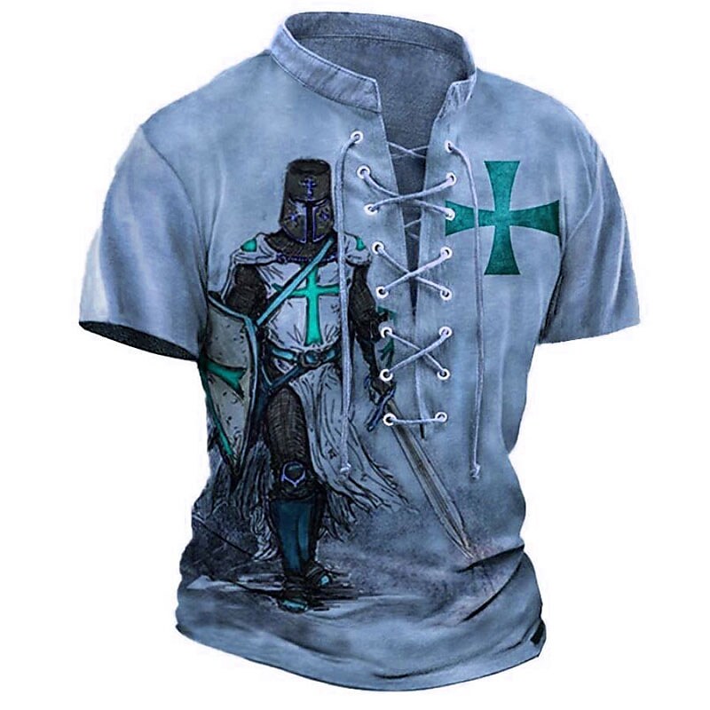 Men's Outdoor Vintage Sport Street Comfortable Breathable Lightweight 3D Print Stand Collar Short Sleeve Henley Shirt