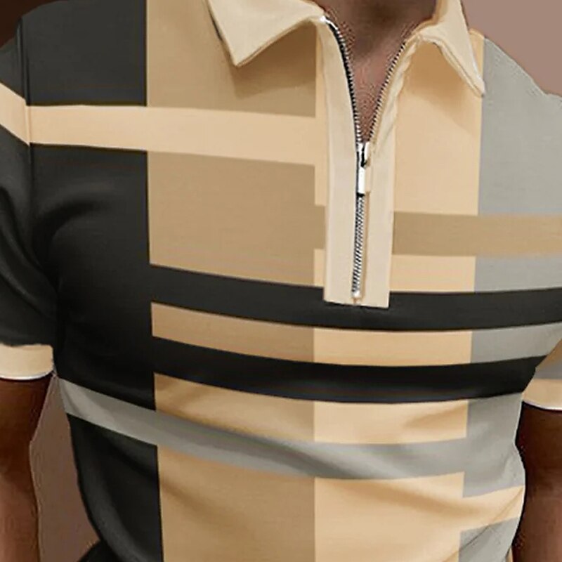  Shirt Lapel Quarter Basic Plaid Quarter Zip Summer Regular Fit Red Blue Purple Brown Green Gray Polo Shirt