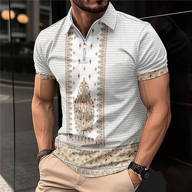 Men's Outdoor Casual Vacation Fashion Comfortable Soft Zipper Print Short Sleeves Polo Shirt