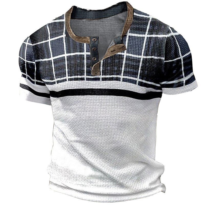 Men's Outdoor Street Fashion Casual Breathable Comfortable Button Light Pattern Print Waffle Short Sleeve Henley Shirt