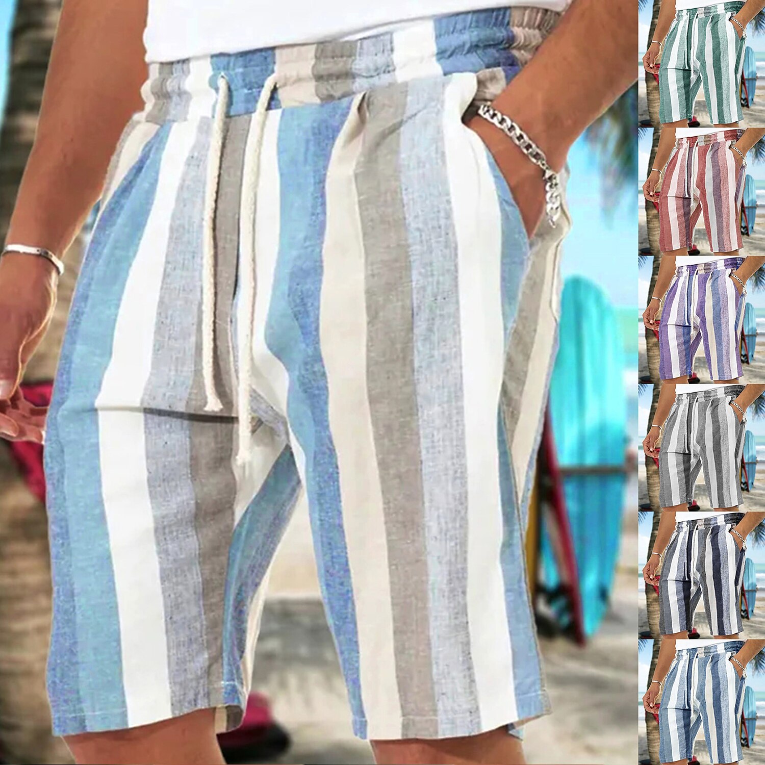Men's Summer Beach Outdoor Street Fashion Breathable Comfortable Soft Pocket Stripe Shorts