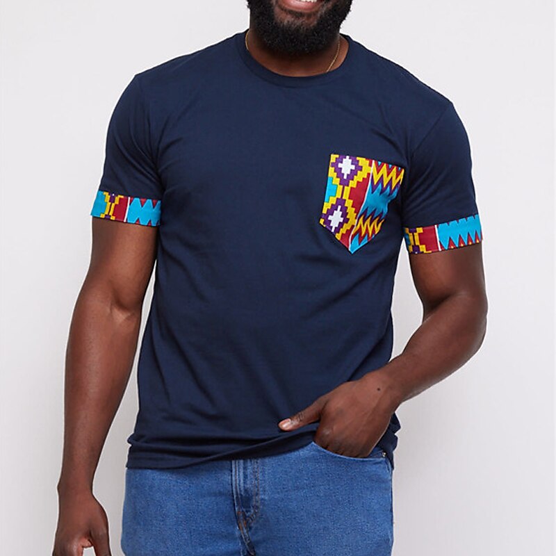 Men's T shirt Color Block Plain Crew Neck Street Vacation Short Sleeves Front Pocket Designer Basic Ethnic Top 