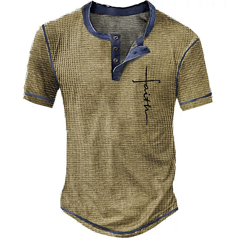 Men's Waffle Outdoor Street Fashion Breathable Comfortable Soft Print Short Sleeves Henley Shirt
