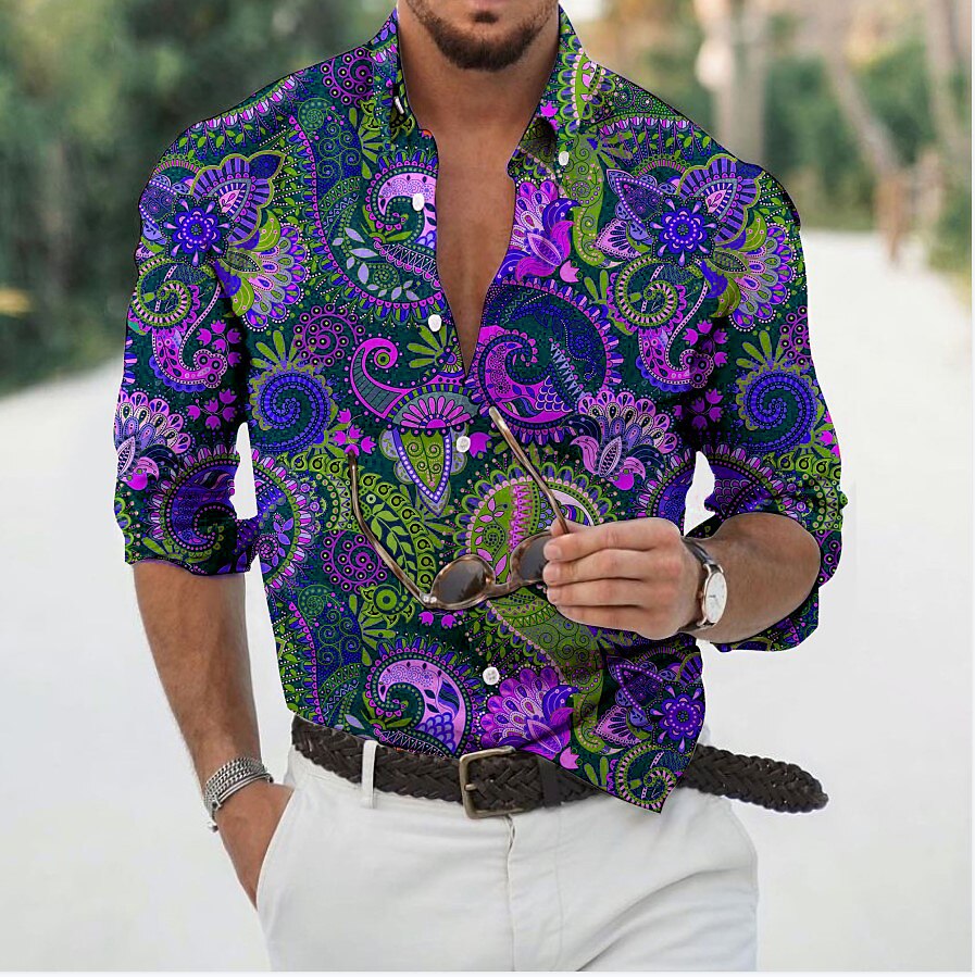 Men's Graphic Shirt Floral Turndown Print Daily Holiday Long Sleeve Print Button-Down Designer Casual Breathable Shirt 