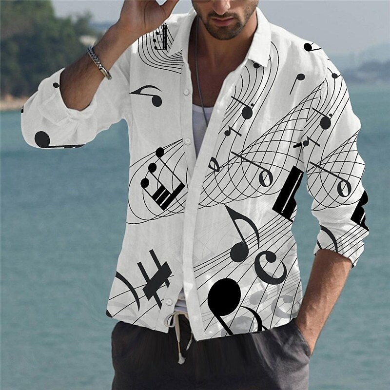Men's Shirt Graphic Shirt Notes Turndown 3D Print Outdoor Street Long Sleeve Button-Down Print Top